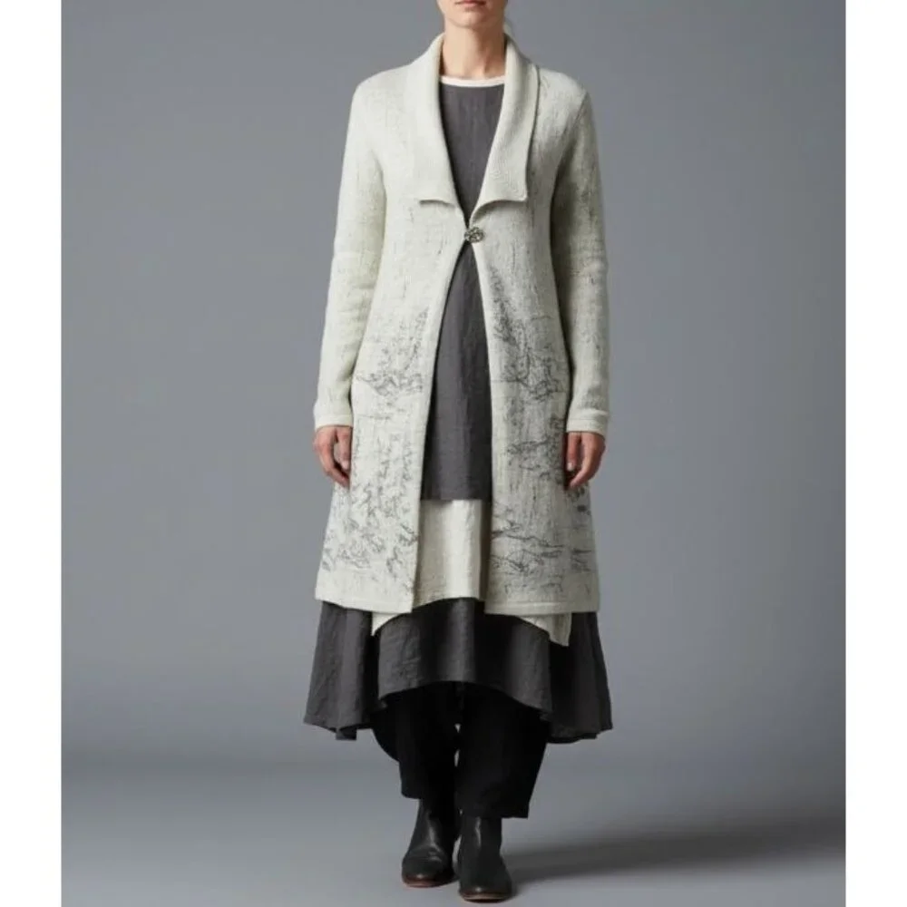 Coldwater Creek Wool Long Cardigan Beige & Gray Alpine Scenic Artsey - Picture 5 of 15